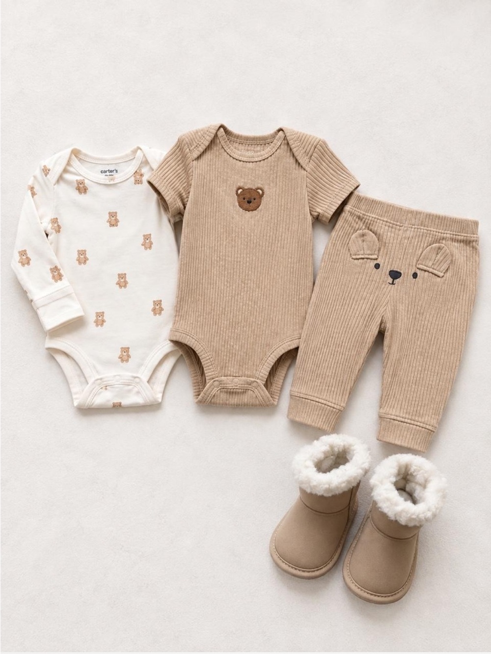 Carter’s Beige & Cream Bear Ribbed 3-Piece Baby Set with Booties, 0–3M
